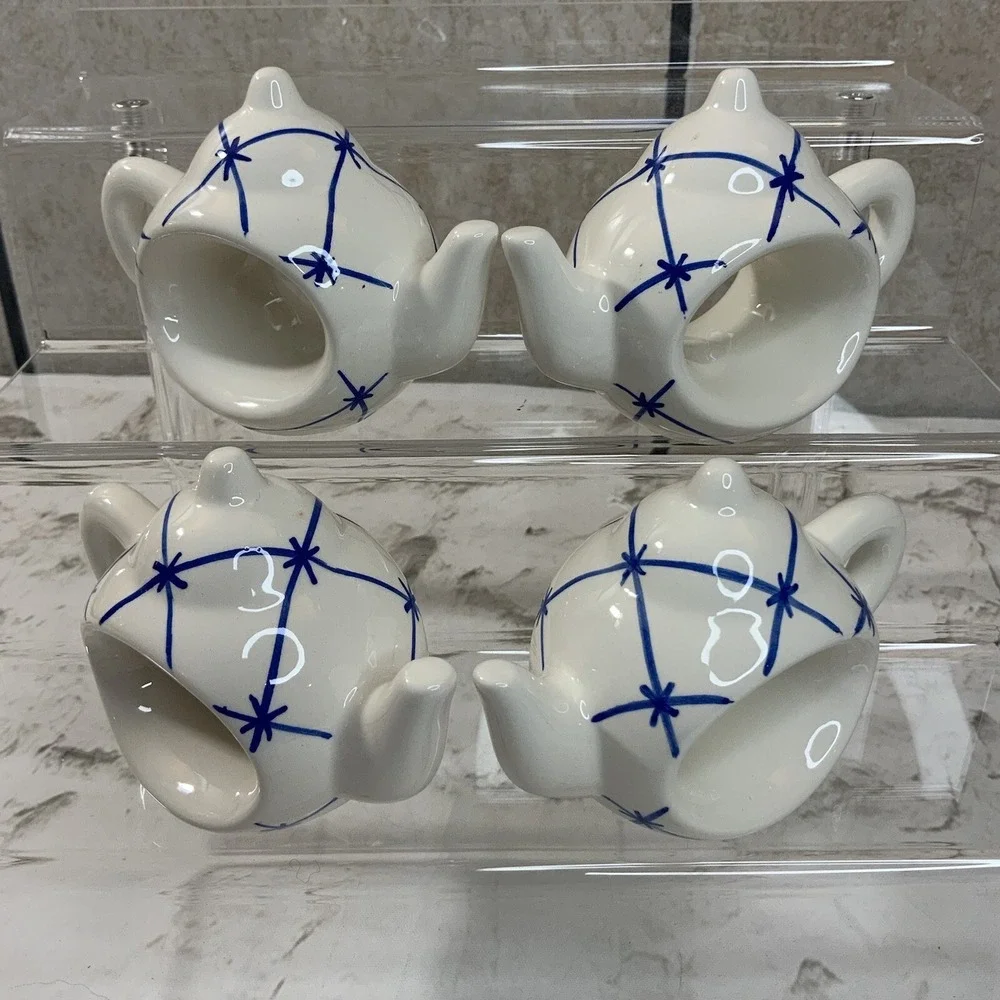 Ceramic Hand Painted White/Blue Teapot Napkin Rings‎ Dinnerware